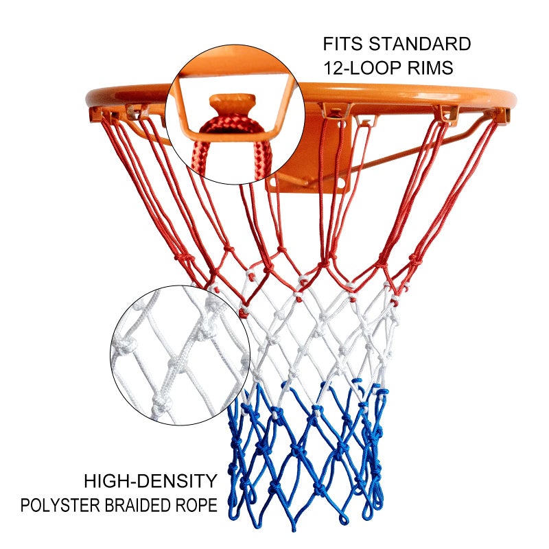 Sanung 2 Pack Heavy Basketball Net Rainproof Sunscreen, Red White Blue Bold Polyester Braided Rope, 12 Loops for Indoor Outdoor Professional Competitions - Image 4